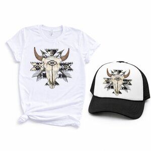 Western Bull Skull Custom T-shirt and Trucker Hat Set Bundle
